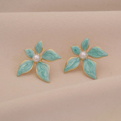 Pendientes De Botón De Flor Acero Inoxidable Esmalte Goteo De Aceite Con Imitación Perla Artificial Estilo Pastoral Dulce Joyas