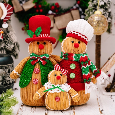 Weihnachten Lebkuchenmann Familie Ornamente Gestrickte Plüschpuppen Für Feiertagsdekoration Schreibtisch Fensterfiguren