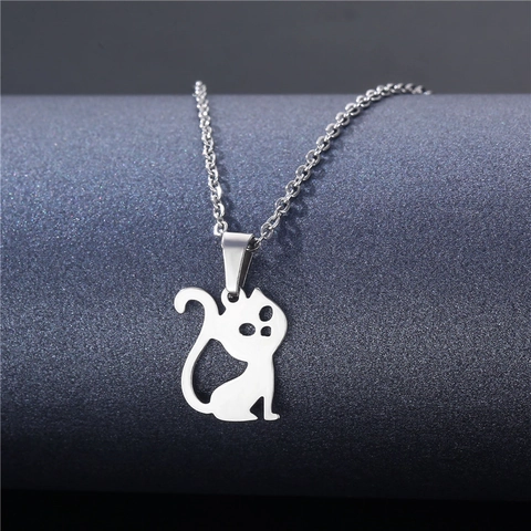 Minimalist Stainless Steel Hollow Cat Pendant Necklace For Women Silver Polished Animal Kitten Clavicle Chain Jewelry Gift