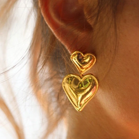 Double Heart Dangle Earrings High Polish 3D Layered Stainless Steel Earring Post Two-Tone Spliced Fashion Jewelry Women