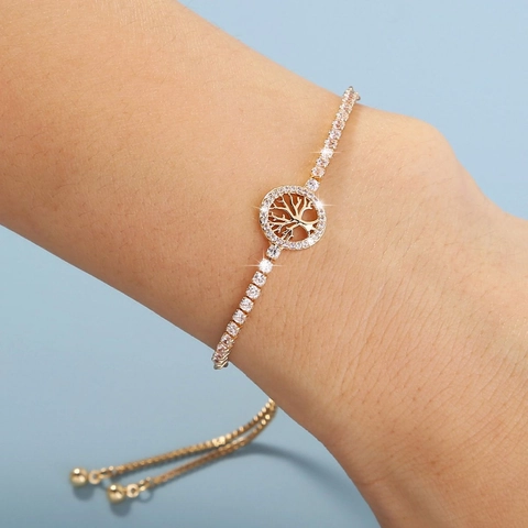 Trendy Luxury Tree Of Life Gold Bracelet For Women Adjustable Micro Pave Rhinestone Charm Bracelet Fashion Jewelry Gift