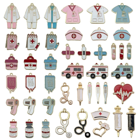 Medical Theme Charms Alloy Enamel Stethoscope Syringe Nurse Hat Pendants For DIY Jewelry Making Colorful Cartoon Style
