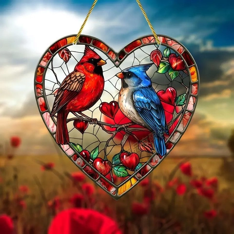 Heart Shaped Suncatcher Pendant Acrylic Tree Of Life Bird Floral Stained Glass Style Window Garden Hanging Decoration