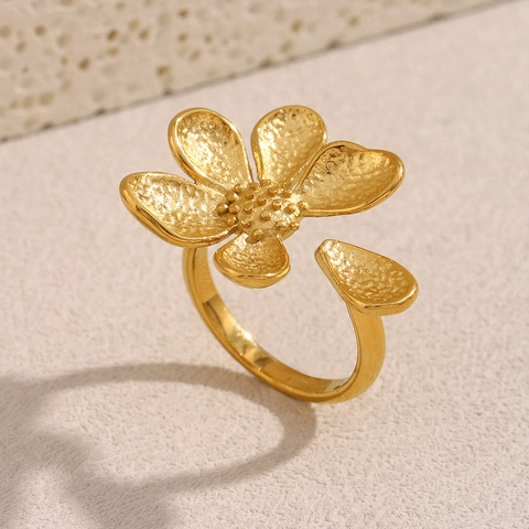 Vintage Blumenring 18K Vergoldeter Edelstahl Gehämmert Verstellbar Statement Schmuck Für Damen
