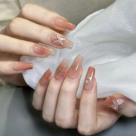 Unghie Finte Press On Farfalla Sfumate Coffin Lunghe Ballerina Unghie Artificiali Temperamento Fata Rosa Nude A915
