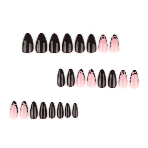 French Leopard Print Almond Press On Nails Brown Solid Artificial Glossy Fake Nails For Women Manicure