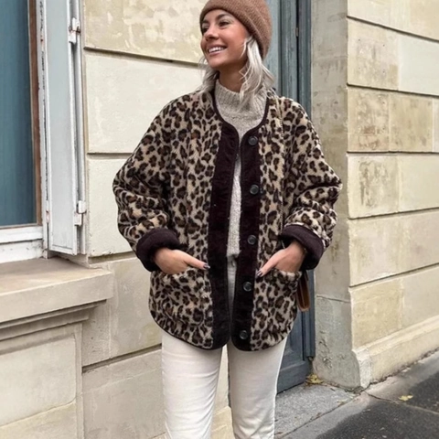 Women Retro Leopard Print Padded Jacket Faux Lamb Wool Corduroy Patchwork Round Neck Casual Winter Outerwear