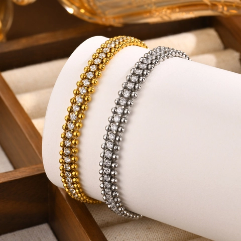 Stainless Steel 18K Gold Plated Triple Row Cubic Zirconia Bead Chain Bracelet For Women Adjustable Fashion Jewelry