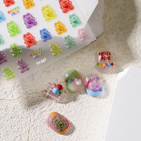 3D Gummy Bear Nail Art Stickers Colorful Soft Candy Style Resin DIY Manicure Decoration For Cute Sweet Girls Women