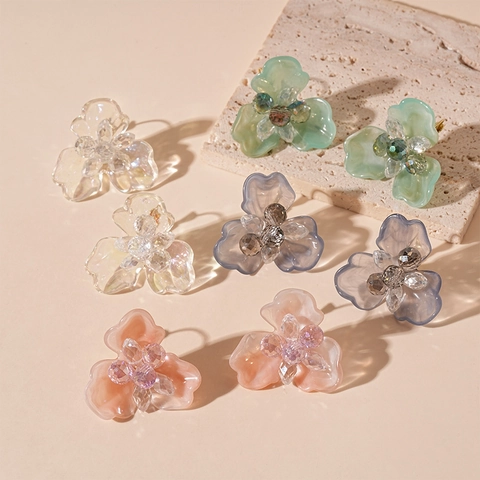 Elegante 3D Harz Blumen Ohrringe Mit Kristallperlen Und Silbernem Ohrstecker Süßer Transparenter Floraler Schmuck Für Damen
