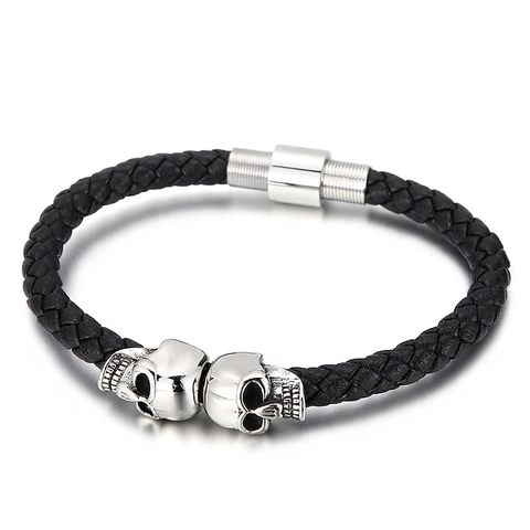 Men Braided Cowhide Leather Bracelet With Stainless Steel Skulls Punk Retro Gothic Jewelry Magnetic Clasp