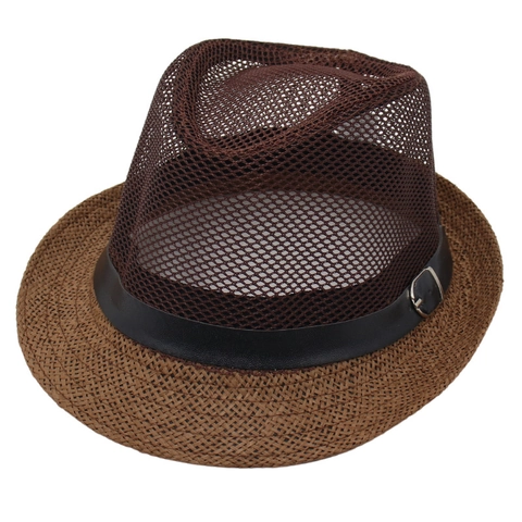 Mesh Fedora Hat Breathable Straw Jazz Cap Short Brim Sun Protection Vintage Style PU Leather Belt For Men Women
