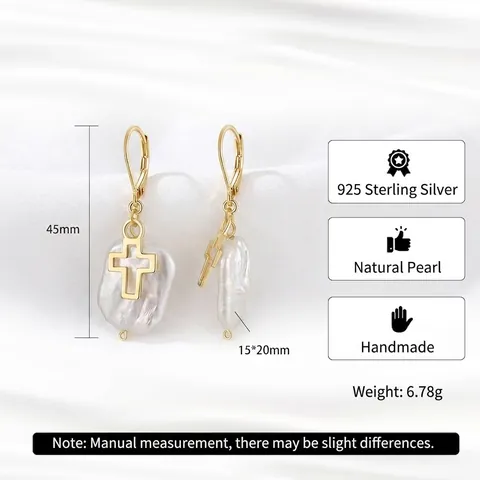 925 Sterling Silver Baroque Freshwater Pearl Cross Earrings Necklace Set For Women Vintage Gold Plated Jewelry