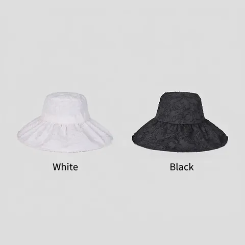 Women Elegant Jacquard Lace Bucket Hat Wide Brim Foldable Adjustable Sun Protection Summer Beach Sunshade Chic Polyester