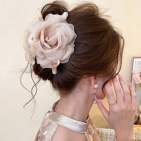 Molletta Per Capelli Elegante Grande Fiore Rosa Rete Organza Artiglio Con Perla Artificiale Per Donne Stile Francese Acconciatura