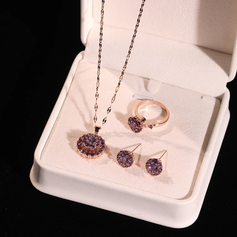 Rotating Purple Zircon Flower Jewelry Set For Women Rose Gold Plated Stainless Steel Necklace Earrings Ring Bracelet Jewelry