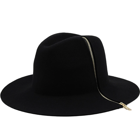 Chapeau Fedora En Laine Avec Décoration Fermeture Éclair Dorée Bord Large Style Moderne Tendance
