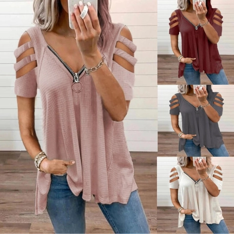 Women's Casual Waffle Knit V Neck Zipper Cold Shoulder Short Sleeve Plus Size T Shirt Loose Fit Basic Tee Tops