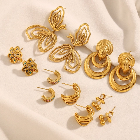 Stainless Steel Stud Earrings 18K Gold Plated Zircon Flower Cherry Geometric Double Ring Hollow Fashion For Women