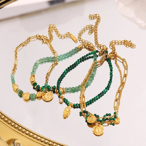 Stainless Steel 18K Gold Plated Bracelet For Women Natural Stone Hamsa Hand Round Coin Charms Vintage Bohemian Jewelry