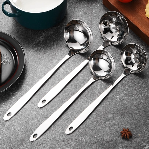 Stainless Steel Soup Ladle And Slotted Spoon Long Handle Hot Pot Skimmer Spoon Mirror Polished Kitchen Cooking Tool