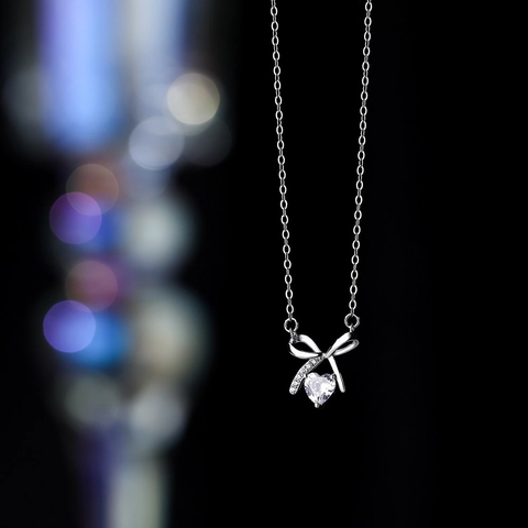 Schleife Herz Halskette 925 Sterlingsilber Zirkonia Schlüsselbein Kette Koreanischer Stil Schmuck Für Damen