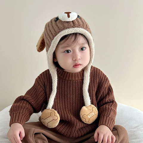 Kids Knitted Ear Protection Hat Thickened Warm Winter Acrylic Cartoon Dog Design Bone Pendant For Boys Girls