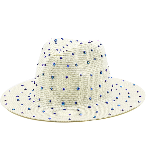 Cappello Fedora Di Paglia Con Strass Tesa Larga Protezione Solare Spiaggia Estate Traspirante Stile Jazz Per Uomo Donna