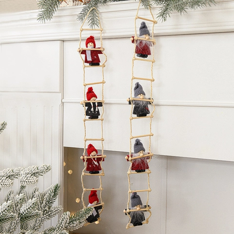 Père Noël Gnome Grimpant Décoration Suspendue Noël Échelle De Corde En Bois Rustique Maison Cheminée Murale
