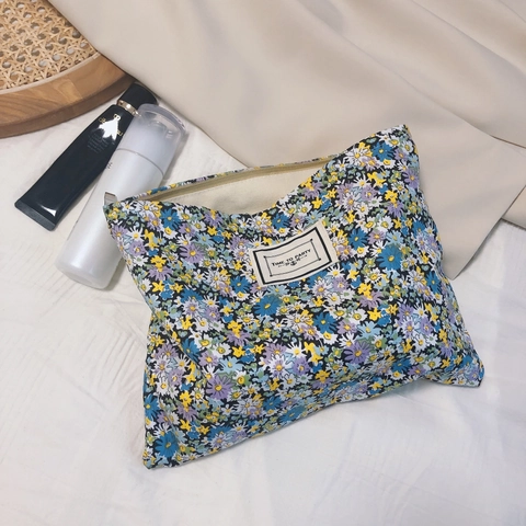 Vintage Floral Cosmetic Bag Cotton Canvas Makeup Organizer Pouch Flower Pattern Zipper Travel Toiletry Case For Women