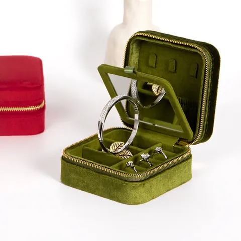 Joyero Portátil de Terciopelo Caja Cuadrada Mini Joyero Con Espejo Para Anillos Pendientes Collar Bolsa de Terciopelo