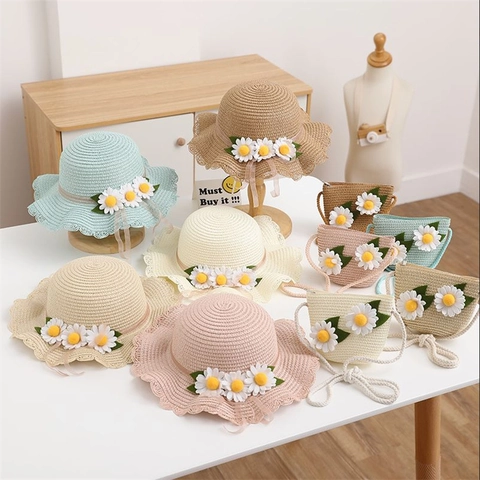 Kids Summer Daisy Straw Hat And Bag Set Girls Woven Beach Sun Hat Floral Straw Handbag Outdoor Sunscreen Accessories Set