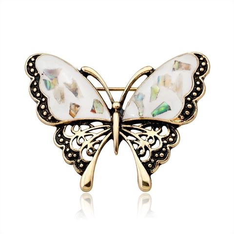 Vintage Butterfly Brooch For Women Alloy Hollow Design With Iridescent Shell And Rhinestone Inlay Elegant Corsage Pin Jewelry