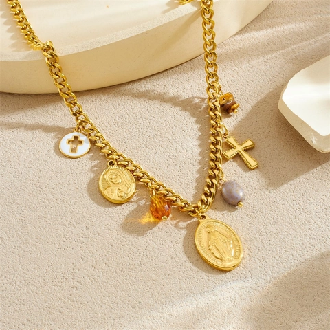 18K Verguld Roestvrij Staal Maagd Maria Kruis Ketting En Armband Sieraden Met Emaille Kralen Religieuze Vintage Mode Vrouwen
