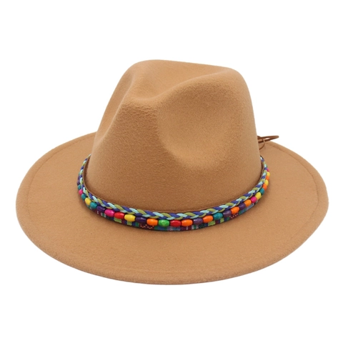 Wide Brim Fedora Hat Woolen Felt Bohemian Ethnic Woven Band Colorful Beads Jazz Cap For Men Women