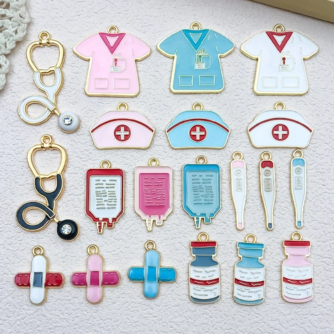 Enamel Medical Theme Alloy Nurse Hat Stethoscope Thermometer Pendants For DIY Jewelry Making Bracelet Keychain Decor