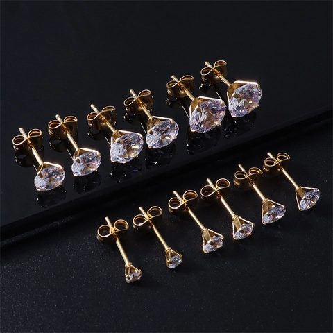 Classic Round Cubic Zirconia Stud Earrings 316 Stainless Steel Four Prong Setting Butterfly Back Jewelry For Women Men