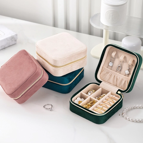 Jewelry Box Mini Portable Velvet Travel Jewelry Organizer Case With Zipper For Rings Earrings Necklaces Solid Color
