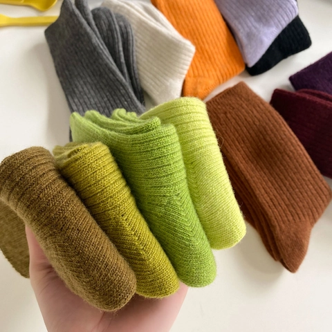 Women Crew Socks Wool Blend Ribbed Knit Thick Warm Winter Retro Solid Color Soft Thermal Mid Tube Hosiery Comfort