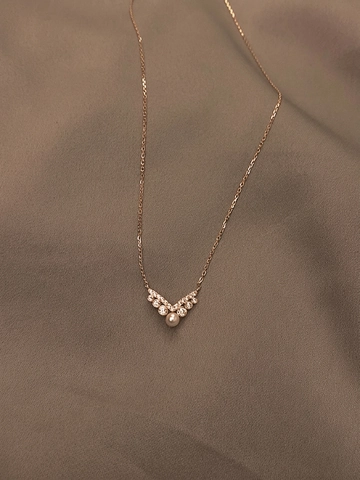 925 Sterling Silver V Shaped Artificial Pearl Pendant Necklace For Women Elegant Rhinestone Inlaid Clavicle Chain Jewelry