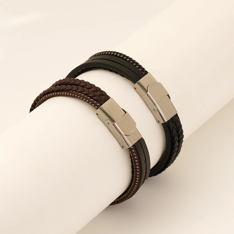 Bracciale In Pelle Intrecciata Da Uomo Multistrato Chiusura In Acciaio Inossidabile Punk Hip Hop Vintage