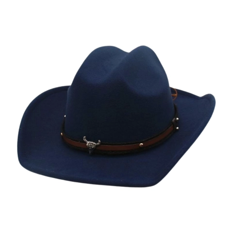 Western Cowboy Hat With Bull Head Metal Decor Leather Band Rivets Wide Brim Felt Style
