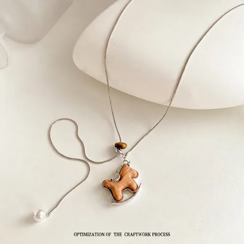Lange Trui Ketting Met Schommelpaard Hanger Hout Kunstparel Tijgeroog Steen Zirkoon Verzilverd Slangenketting Vintage Elegant