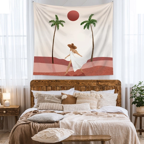 Arazzo Da Parete Bohemien Tessuto Poliestere Illustrazione Minimalista Spiaggia Donna Palme Sole Rosso Arte Decorazione Camera Da Letto
