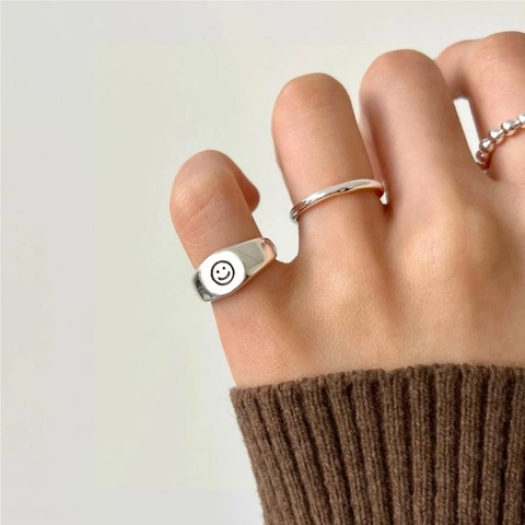 925 Sterling Silber Glückliches Gesicht Ring Verstellbare Offene Fingerband Minimalistische Koreanische Ins Stil Retro Schmuck