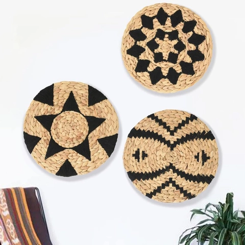 Decorazione Da Parete Con Cesti Intrecciati A Mano In Paglia Naturale E Rattan Stile Boho Con Motivi Geometrici Per Interni