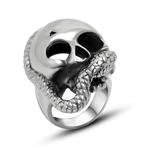 Retro Skull And Snake Ring Stainless Steel Gothic Punk Rock Biker Jewelry For Men