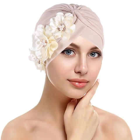 Women Turban Hat Pleated Headwrap With Flower Decor And Faux Artificial Pearl Fashion Headband Indian Style Elegant Cap