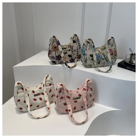 Borsa Sottobraccio Hobo Da Donna Velluto A Coste Jacquard Motivo Fragola Floreale Borsa A Spalla Vintage Alla Moda