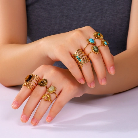 Vintage Stainless Steel Ring 18K Gold Plated Natural Stone Inlaid Adjustable Opening Retro Boho Style For Women